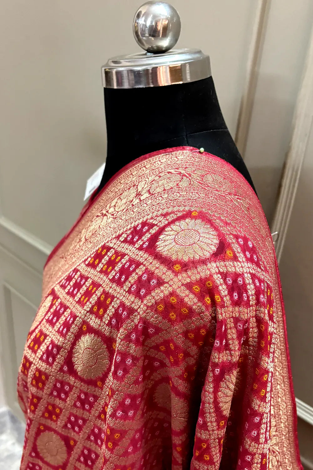 Red Bandhej Georgette Silk Banarasi Saree