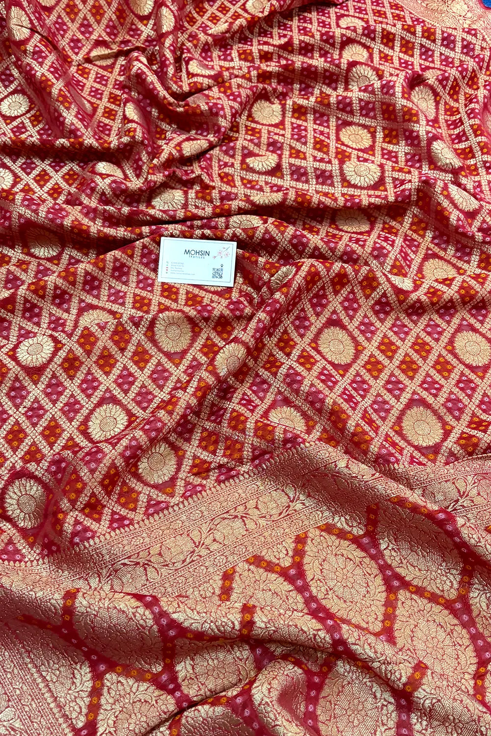 Red Bandhej Georgette Silk Banarasi Saree