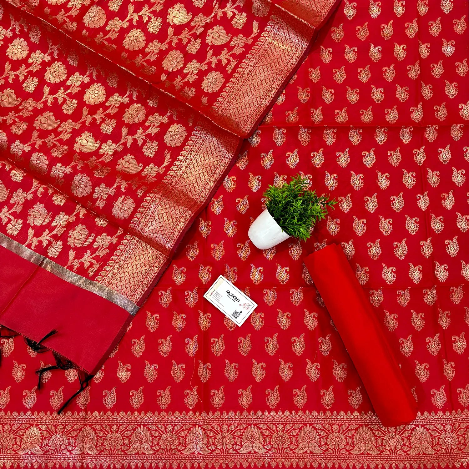 Red Chirag Buti Satin Silk Banarasi Suit
