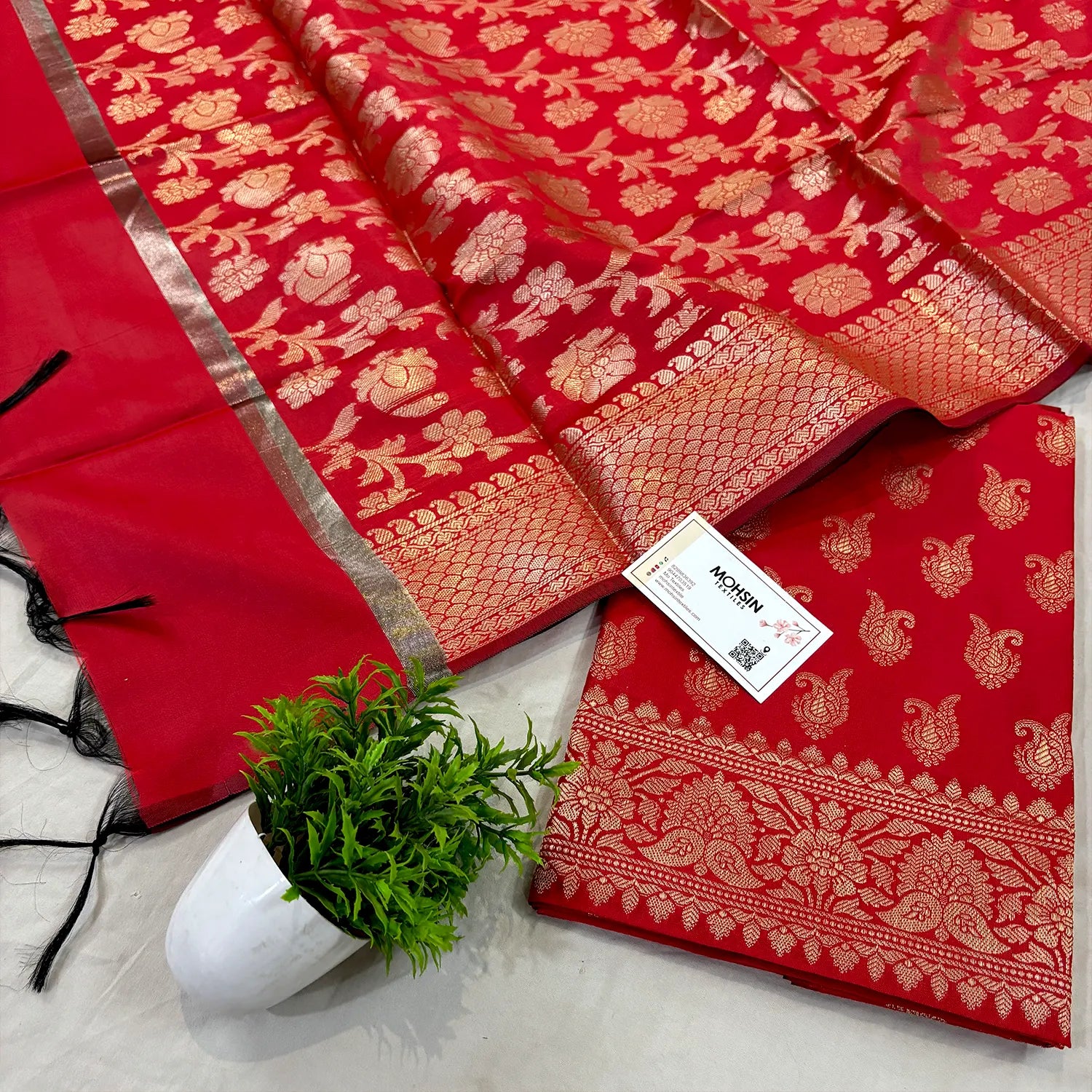 Red Chirag Buti Satin Silk Banarasi Suit