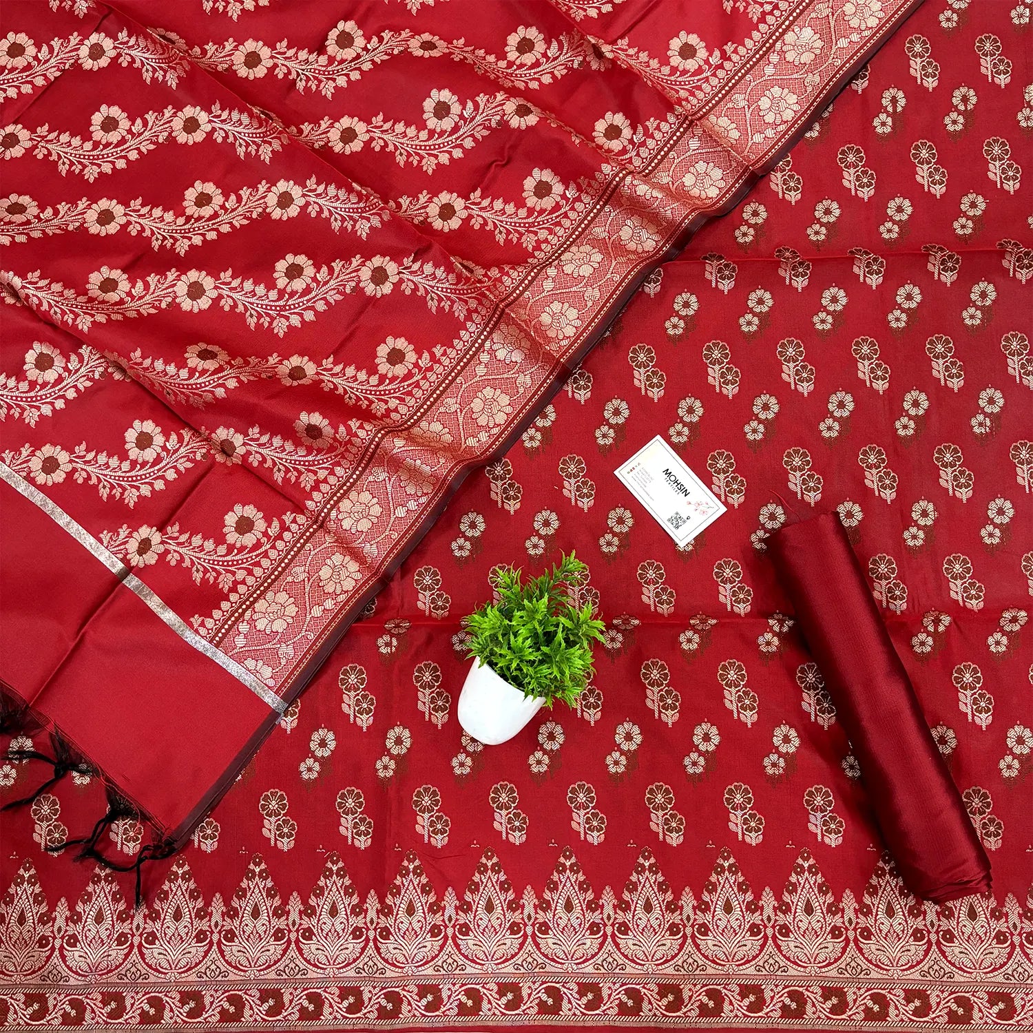 Red Fan Flower Banarasi Silk Suit