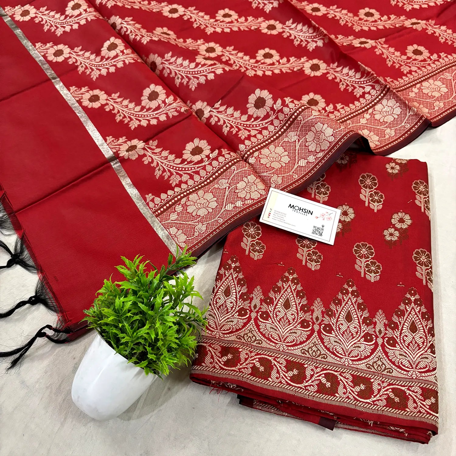 Red Fan Flower Banarasi Silk Suit