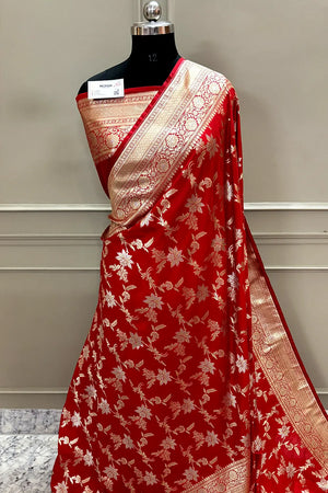 Red Jasmine Jaal Katan Silk Banarasi Saree