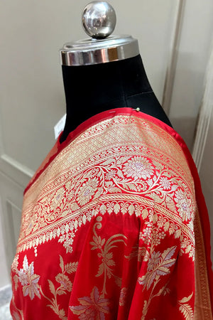 Red Jasmine Jaal Katan Silk Banarasi Saree