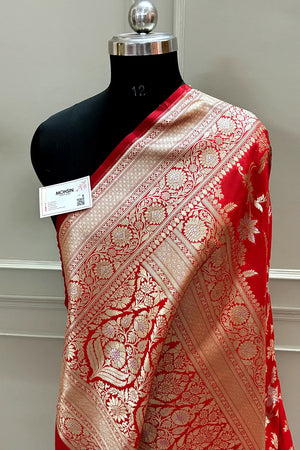 Red Jasmine Jaal Katan Silk Banarasi Saree