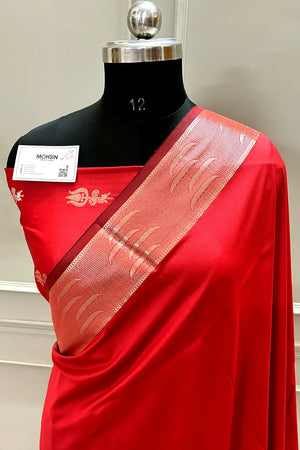 Red Kalyug Plain Satin Silk Banarasi Saree