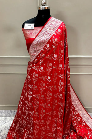 Red Nafis Jaal Katan Silk Banarasi Saree