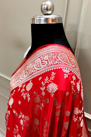 Red Nafis Jaal Katan Silk Banarasi Saree