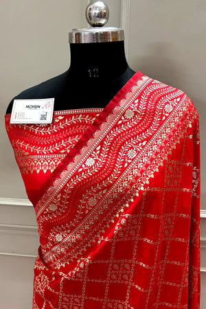 Red Pi Jaal Katan Silk Banarasi Saree