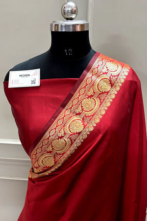 Red Plain Semi Katan Silk Banarasi Saree