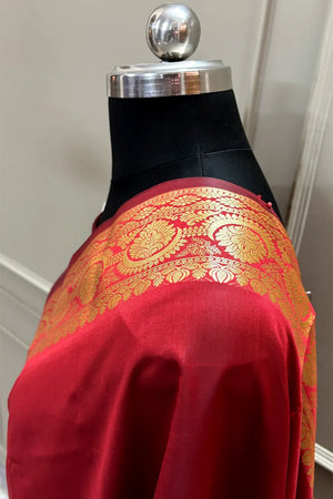 Red Plain Semi Katan Silk Banarasi Saree