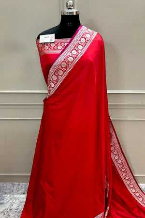 Red Plain Zari Border Katan Silk Banarasi Saree