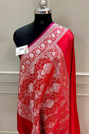 Red Plain Zari Border Katan Silk Banarasi Saree