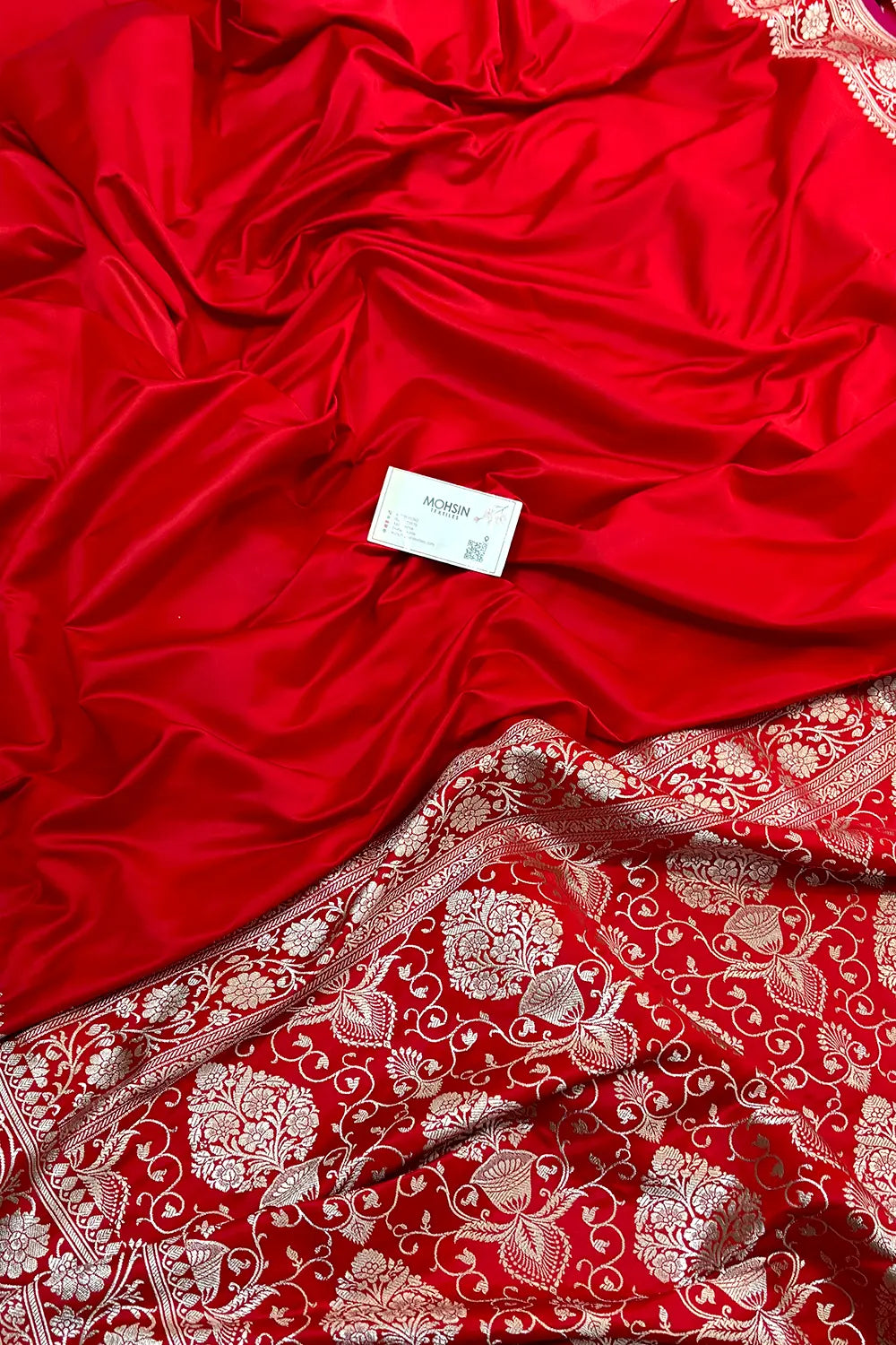 Red Plain Zari Border Katan Silk Banarasi Saree