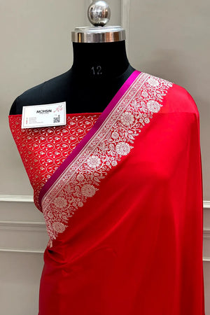 Red Plain Zari Border Katan Silk Banarasi Saree