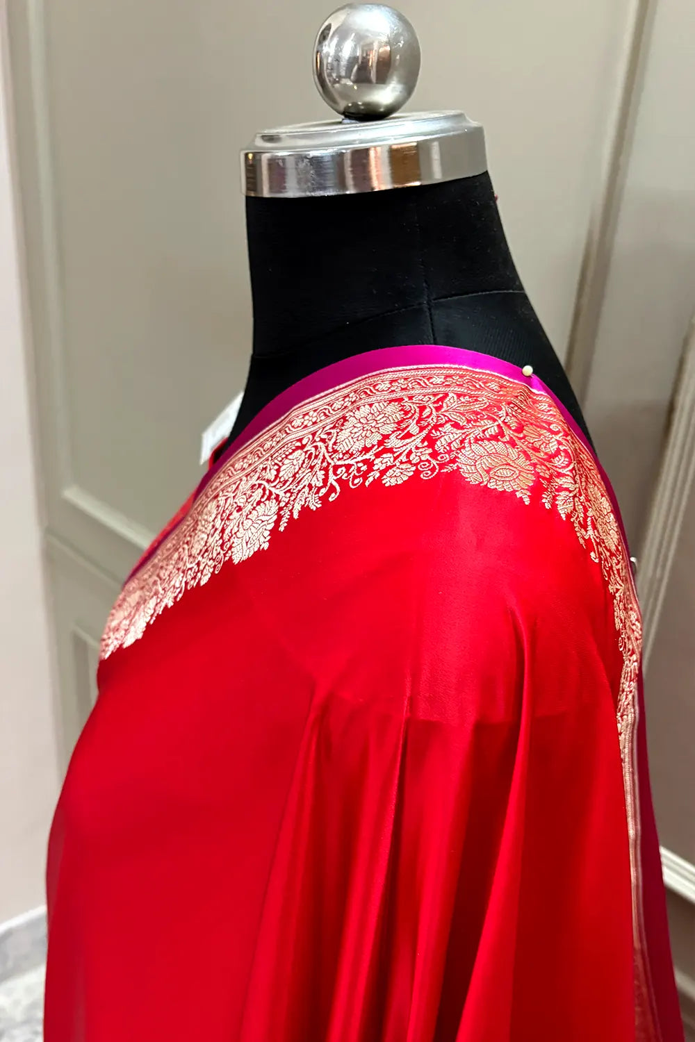 Red Plain Zari Border Katan Silk Banarasi Saree