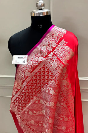 Red Plain Zari Border Katan Silk Banarasi Saree