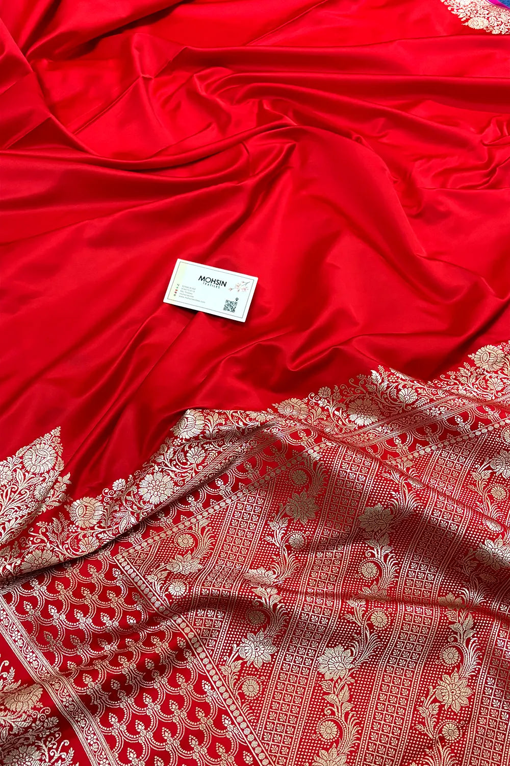Red Plain Zari Border Katan Silk Banarasi Saree