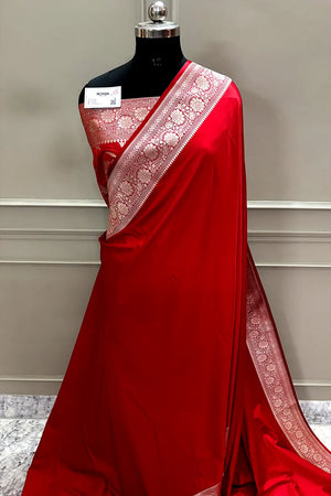 Red Plain Zari Katan Mashru Silk Banarasi Saree