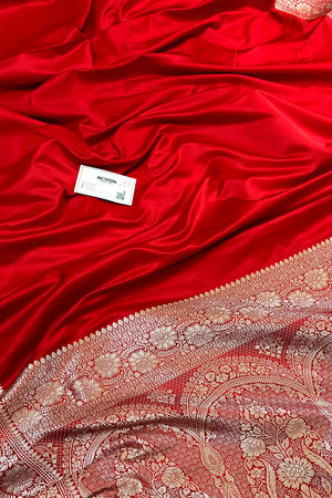 Red Plain Zari Katan Mashru Silk Banarasi Saree