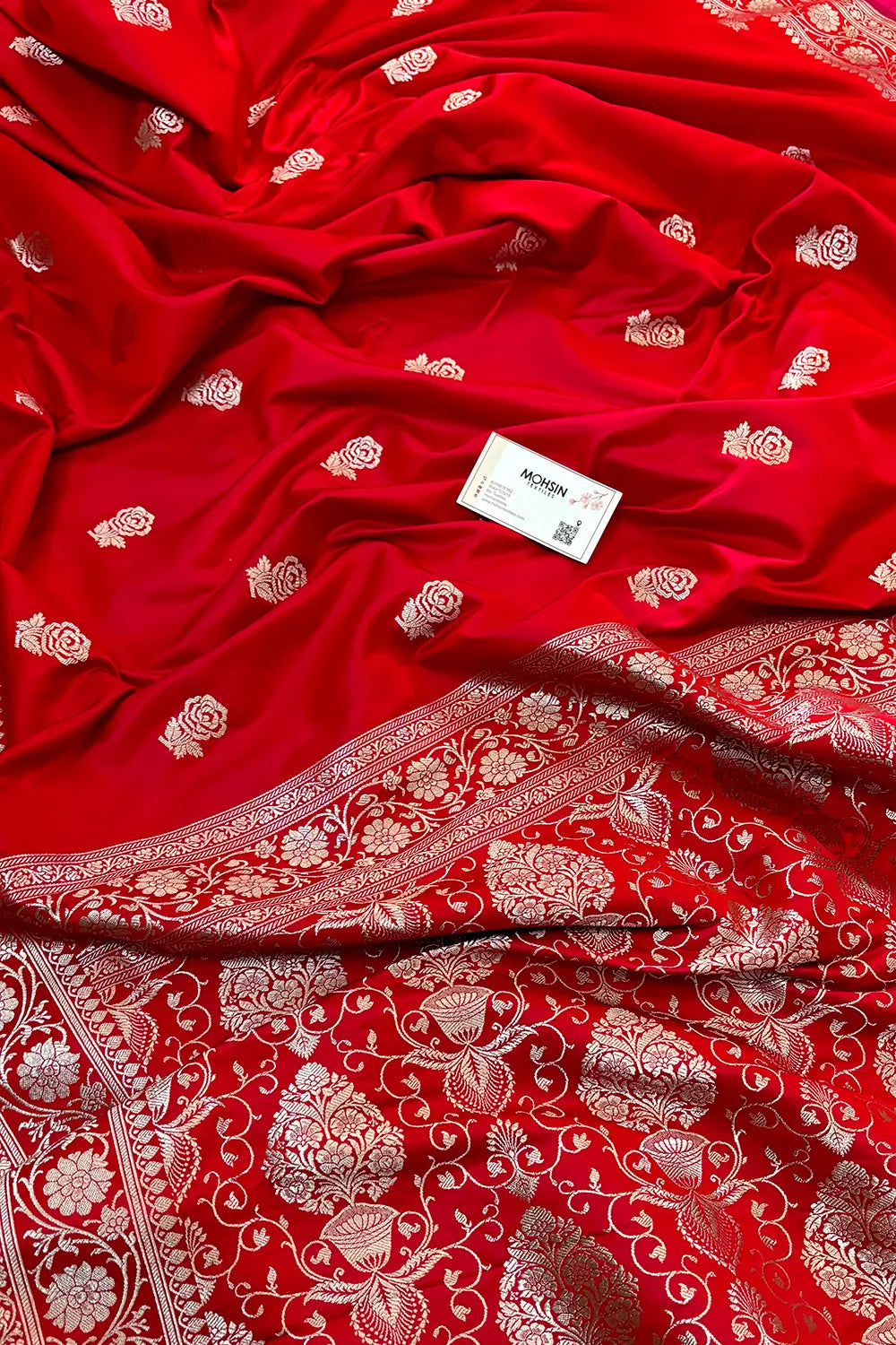 Red Rose Buti Katan Silk Banarasi Saree