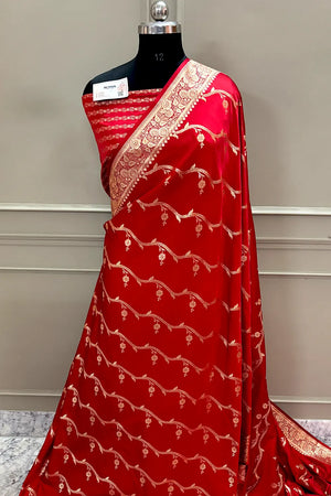 Red Rowa Laher Katan Silk Banarasi Saree