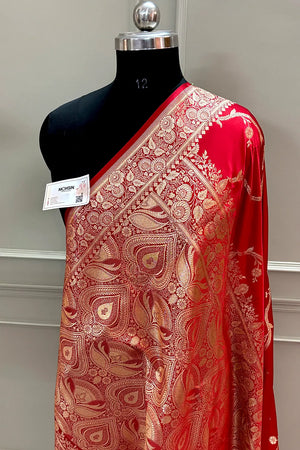 Red Rowa Laher Katan Silk Banarasi Saree