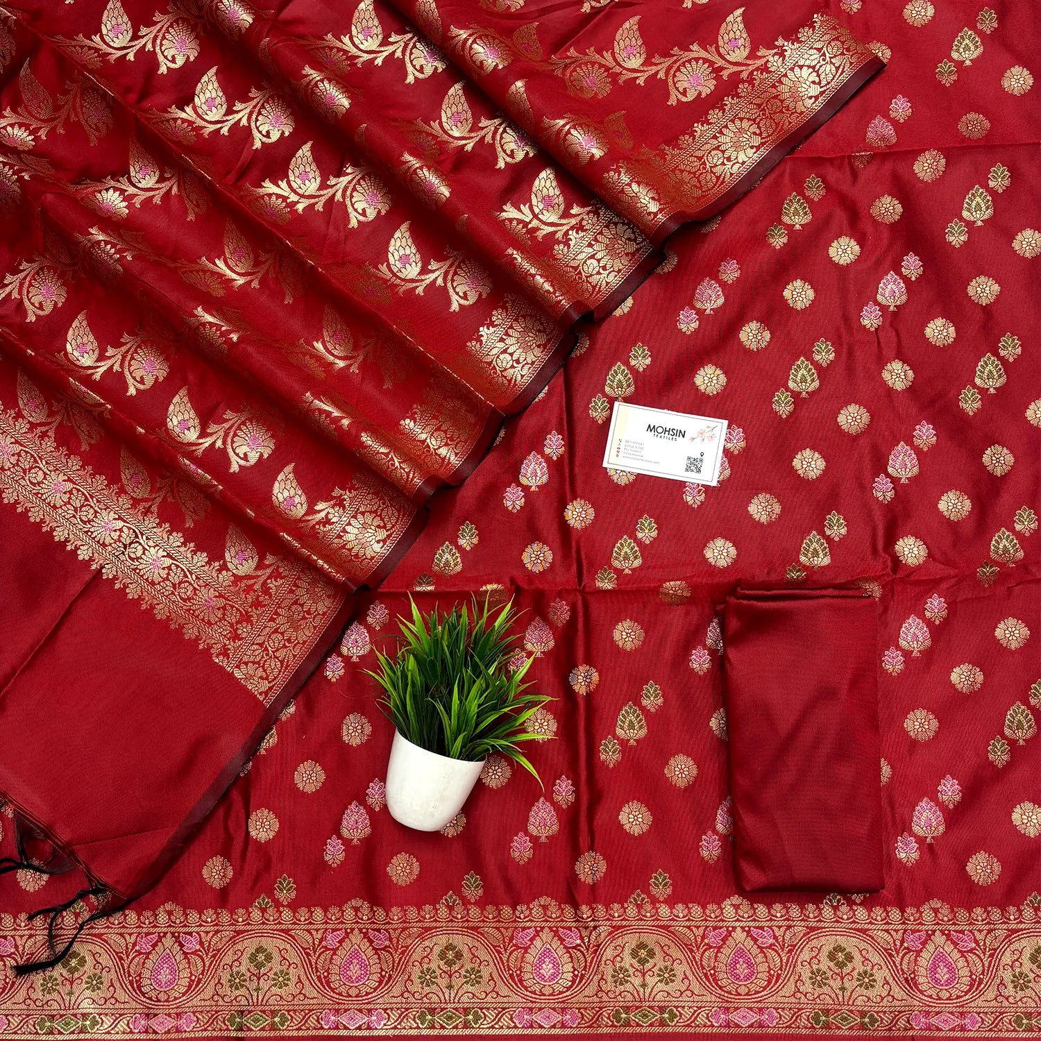 Red Semi Katan Silk Banarasi Suit