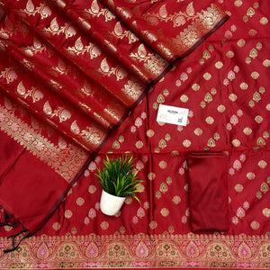 Red Semi Katan Silk Banarasi Suit