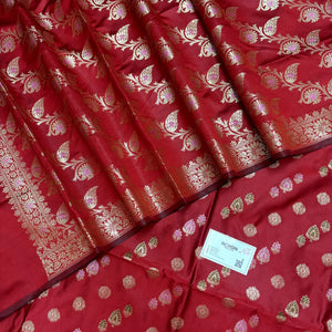 Red Semi Katan Silk Banarasi Suit