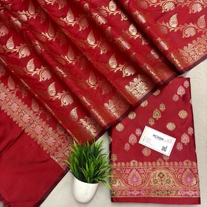 Red Semi Katan Silk Banarasi Suit