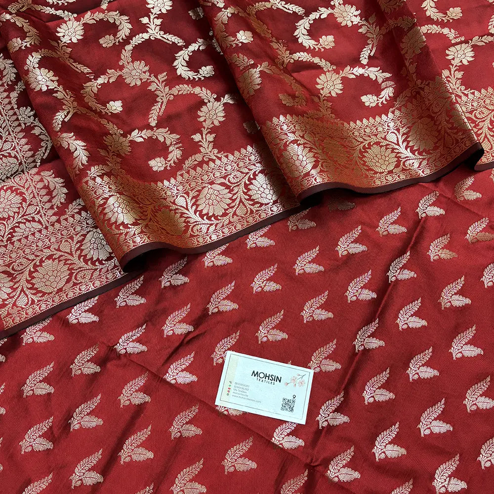 Red Semi Katan Silk Banarasi Suit