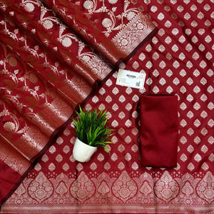 Red Singhasan Buti Semi Katan Silk Banarasi Suit