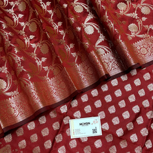 Red Singhasan Buti Semi Katan Silk Banarasi Suit