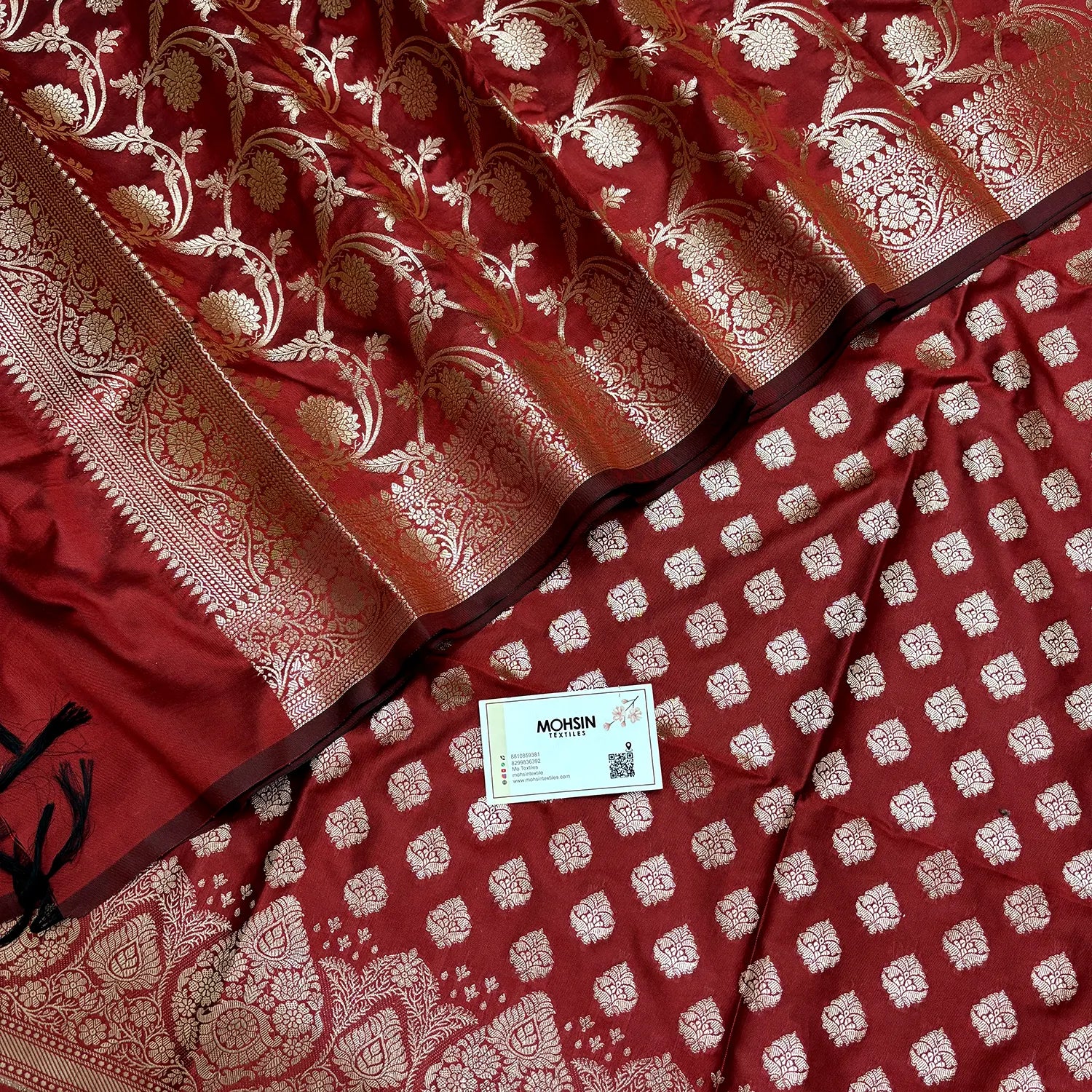 Red Singhasan Buti Semi Katan Silk Banarasi Suit
