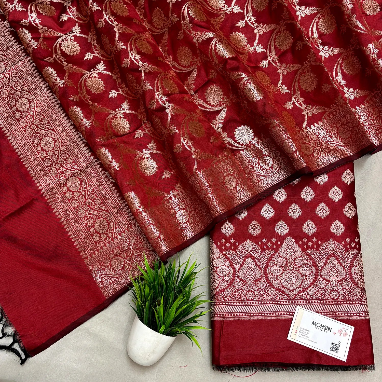 Red Singhasan Buti Semi Katan Silk Banarasi Suit
