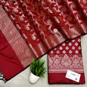 Red Singhasan Buti Semi Katan Silk Banarasi Suit