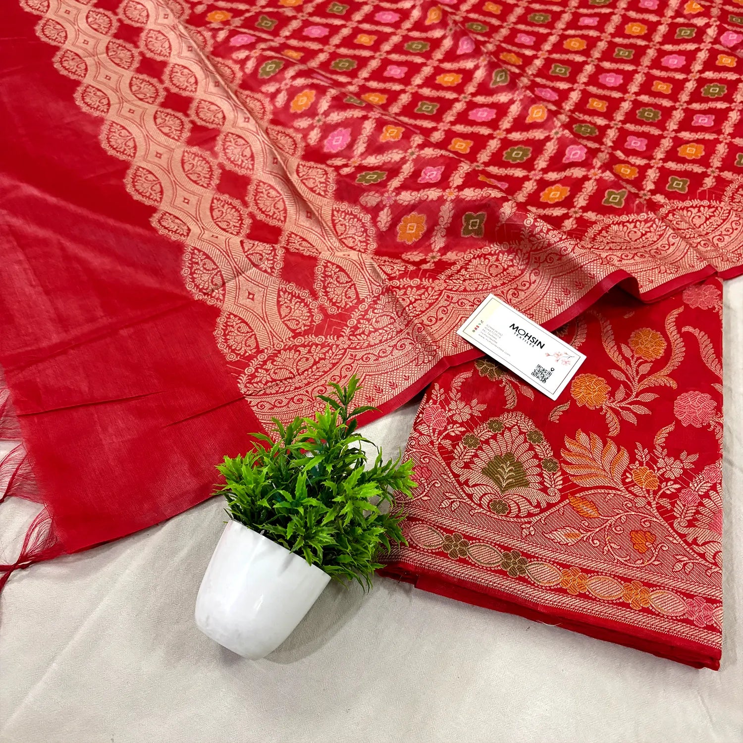 Red Yoga Jaal Cotton Silk Banarasi Suit