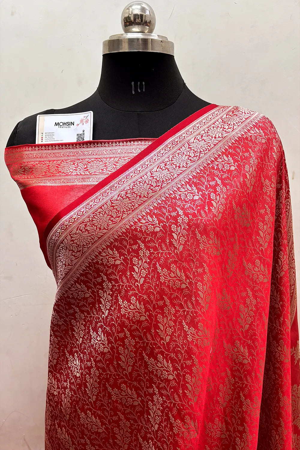 Red Zari Katan Jamdani Silk Banarasi Saree