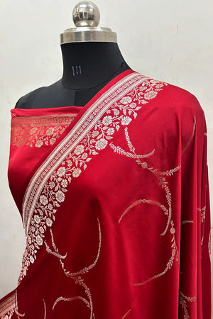 Red Zari Katan Mashru Silk Banarasi Saree