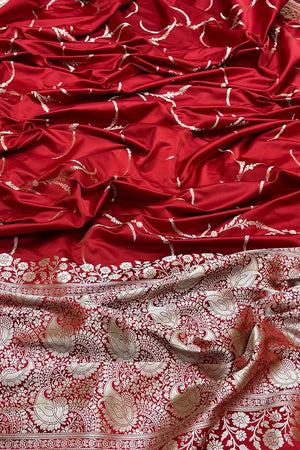 Red Zari Katan Mashru Silk Banarasi Saree
