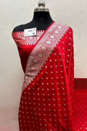 Red Zari Katan Mashru Silk Banarasi Saree