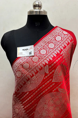 Red Zari Katan Mashru Silk Banarasi Saree