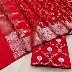 Red Zari Katan Silk Banarasi Suit