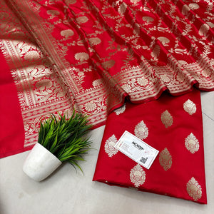 Red Zari Katan Silk Banarasi Suit
