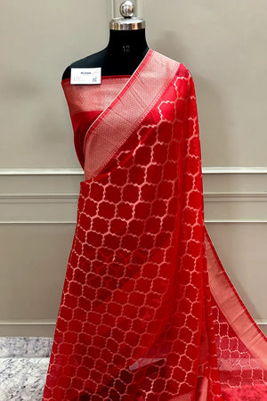Red Zari Organza Silk Banarasi Saree