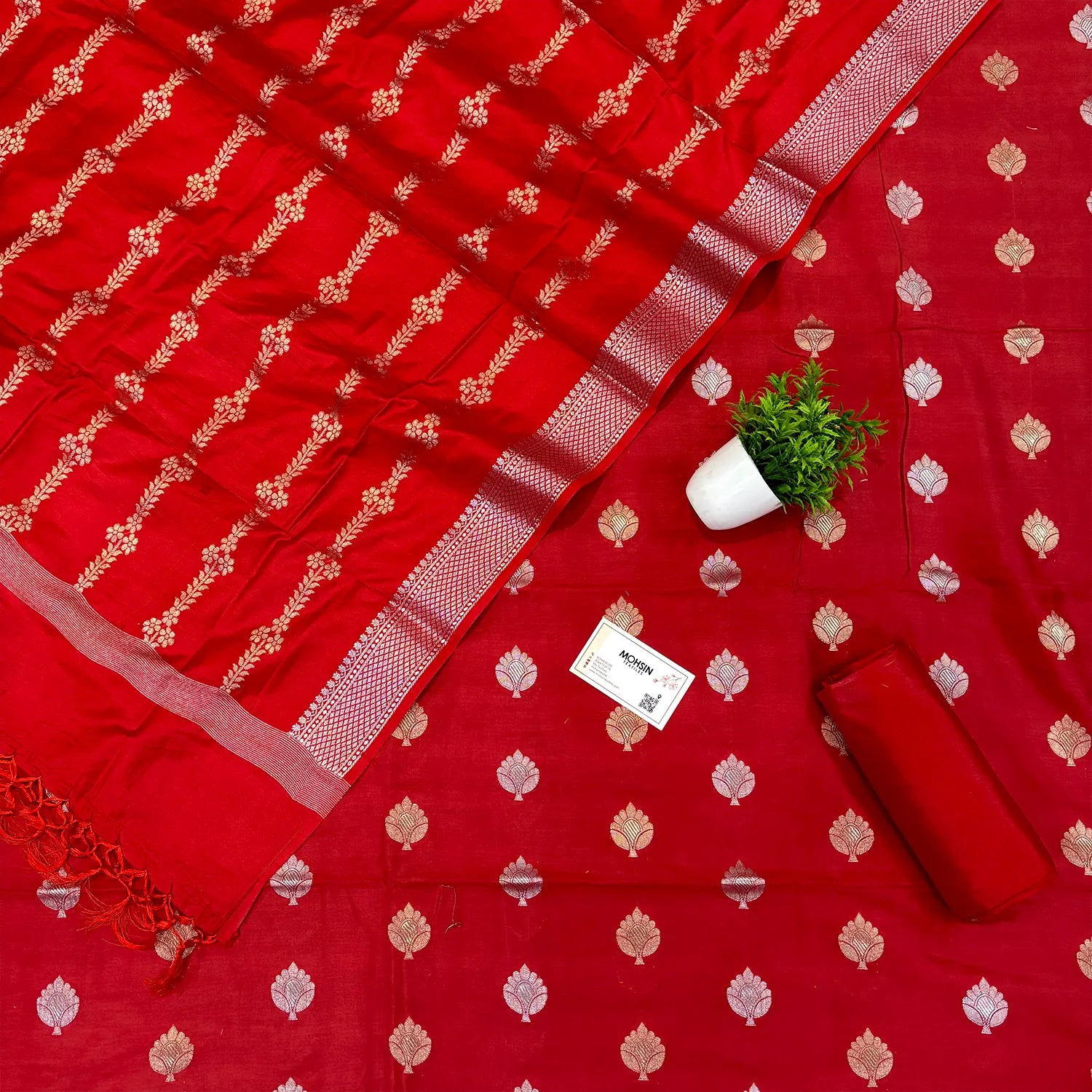 Red Zari Satin Silk Banarasi Suit