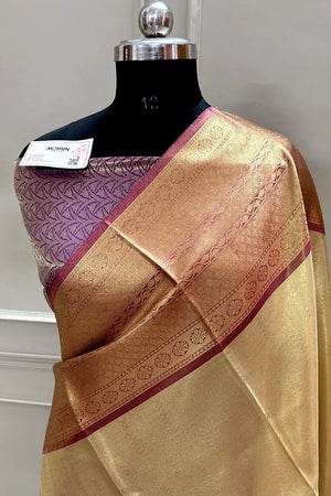 Rekha Gold and Wine Tissue Silk Banarasi Saree