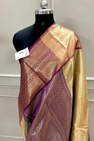Rekha Gold and Wine Tissue Silk Banarasi Saree