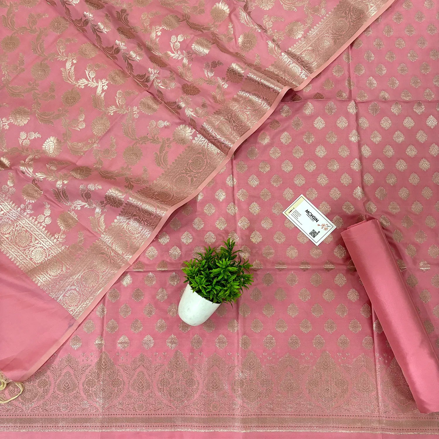 Rose Pink Singhasan Buti Satin Silk Banarasi Suit